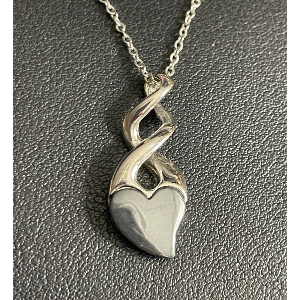 Vintage Hematite Heart Necklace Pendant Silver Tone 18" Chain Valentine Jewelry